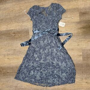 Oleg Cassini Blue Mother Of Bride/Evening Tea Length Illusion Sleeve Dress Sz 10